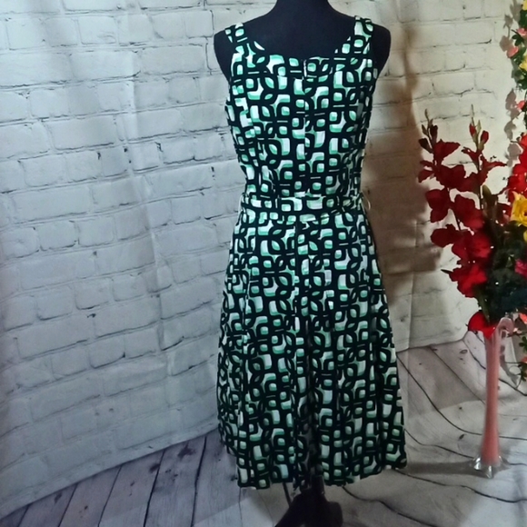 Vintage Slvls SquareNeck mutiPrint MidiDress Greenwhite - Picture 3 of 12